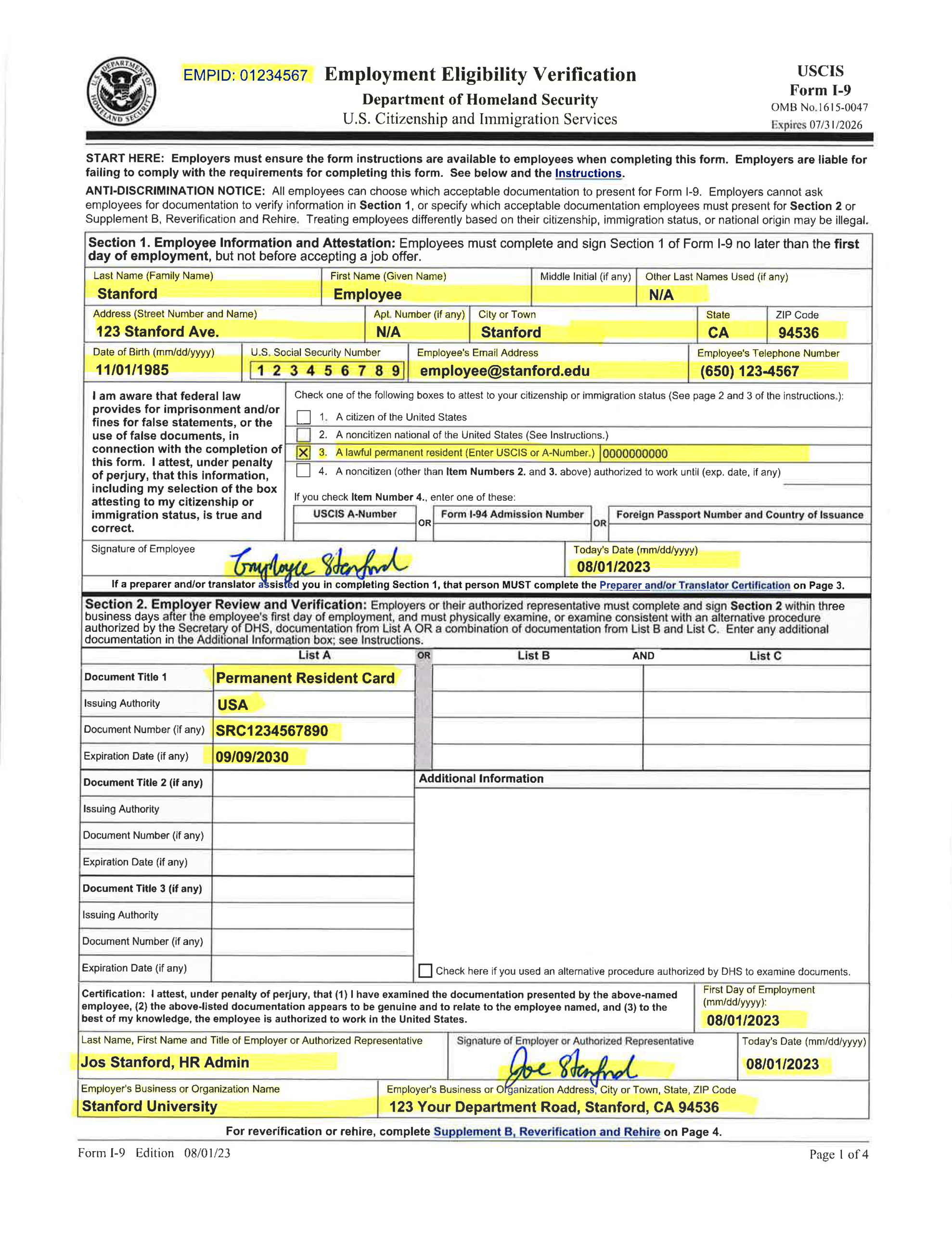 Examples Of Completed Form I-9 For Stanford for What Forms Of Identification Can Be Used For I9