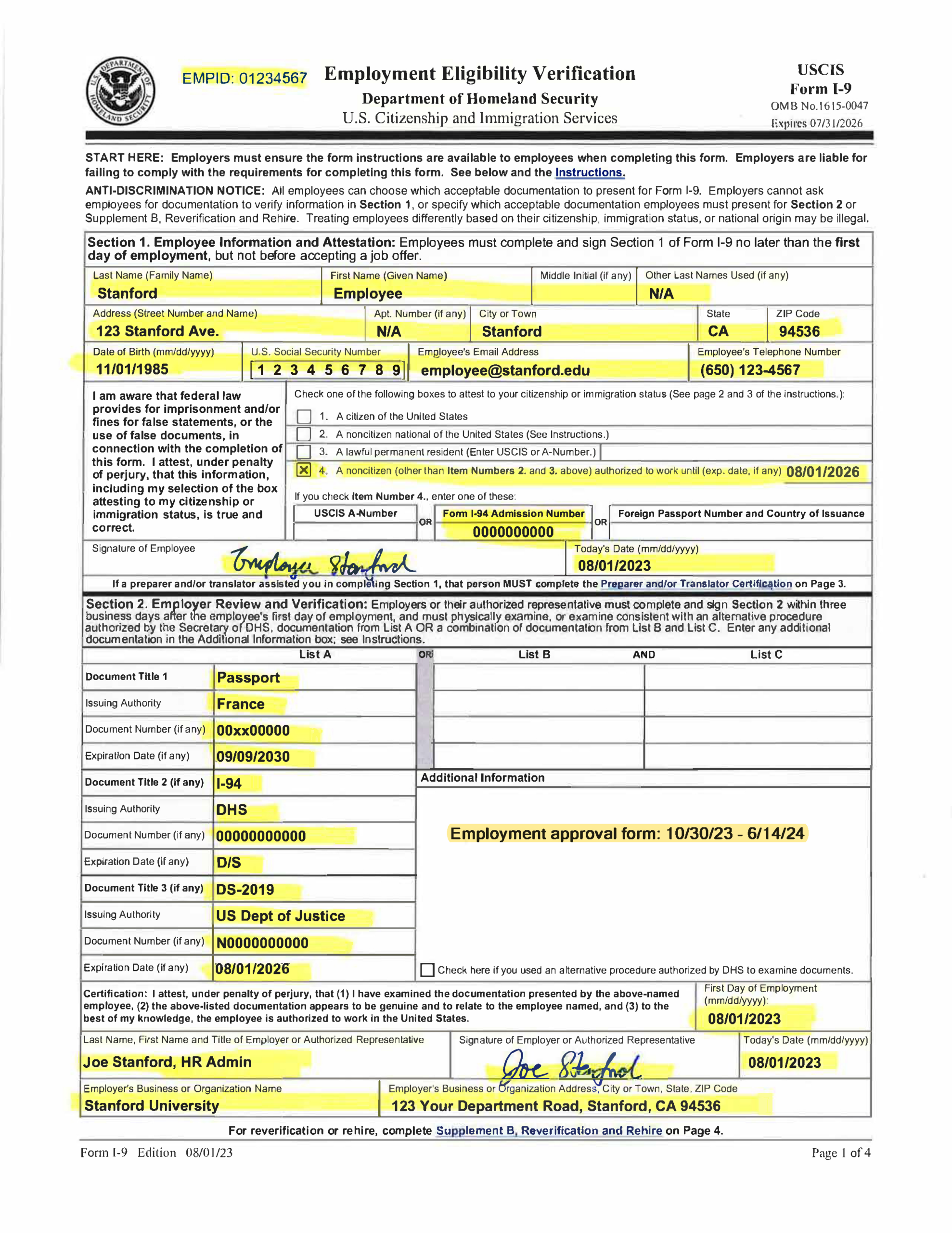 Examples Of Completed Form I-9 For Stanford for What Id Do I Need For An I9 Form