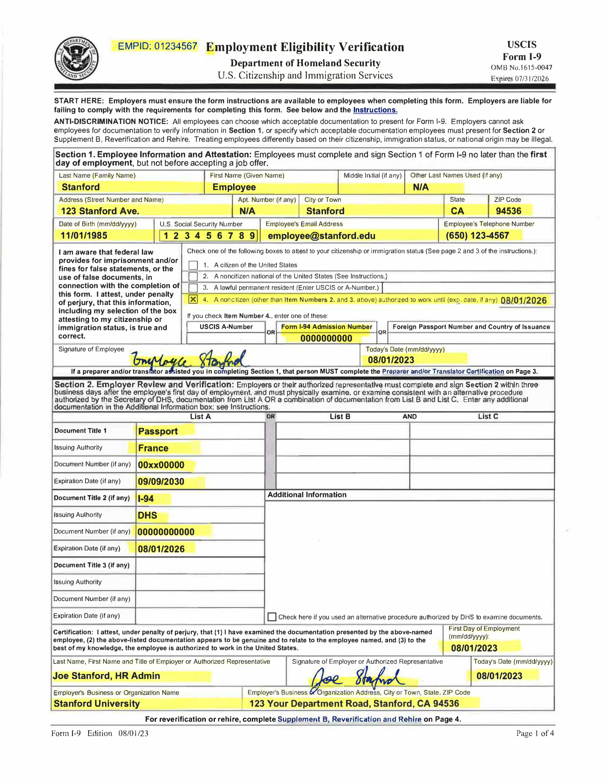 Examples Of Completed Form I-9 For Stanford in Who Needs An I9 Form