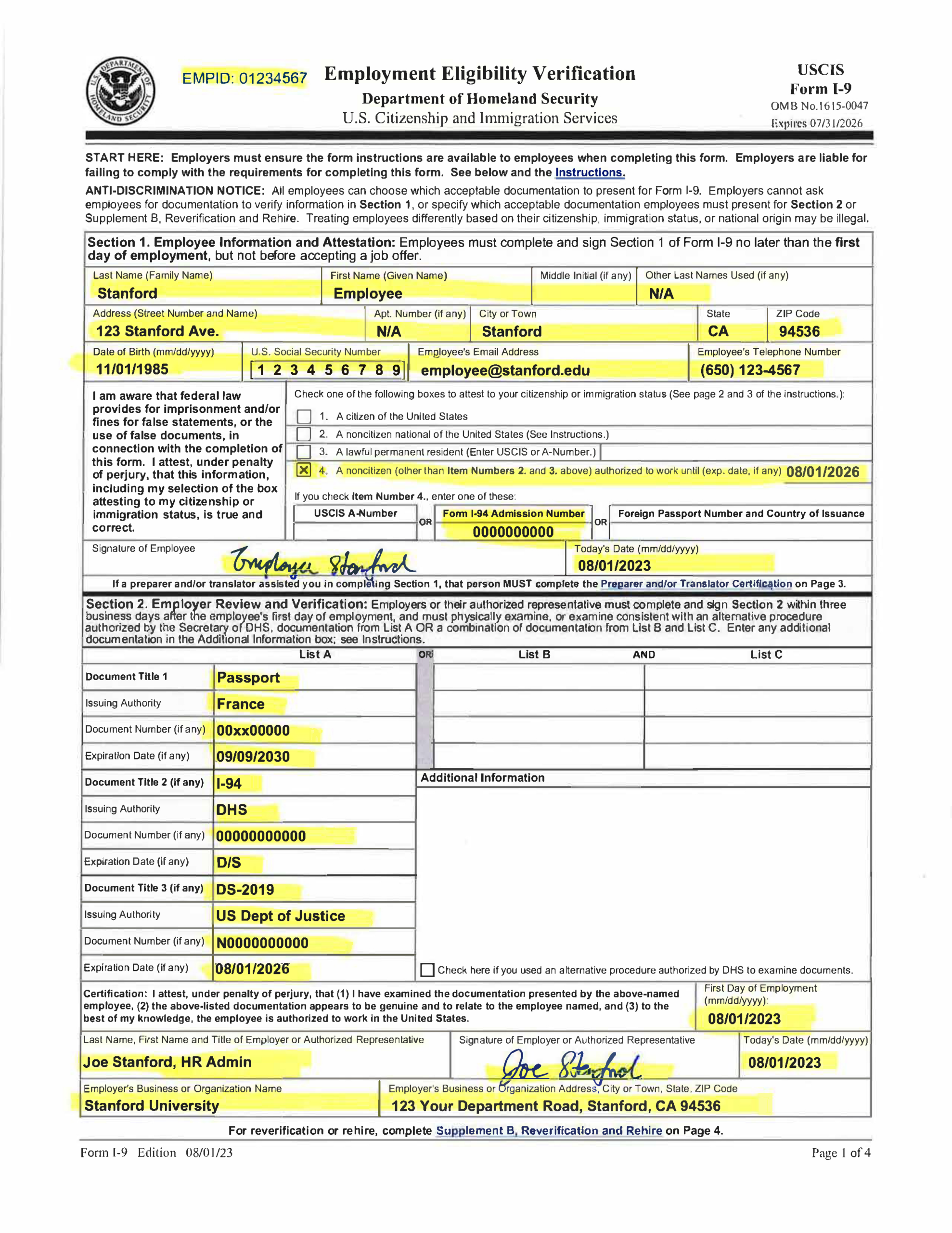 Examples Of Completed Form I-9 For Stanford intended for Who Fills Out An I9 Form