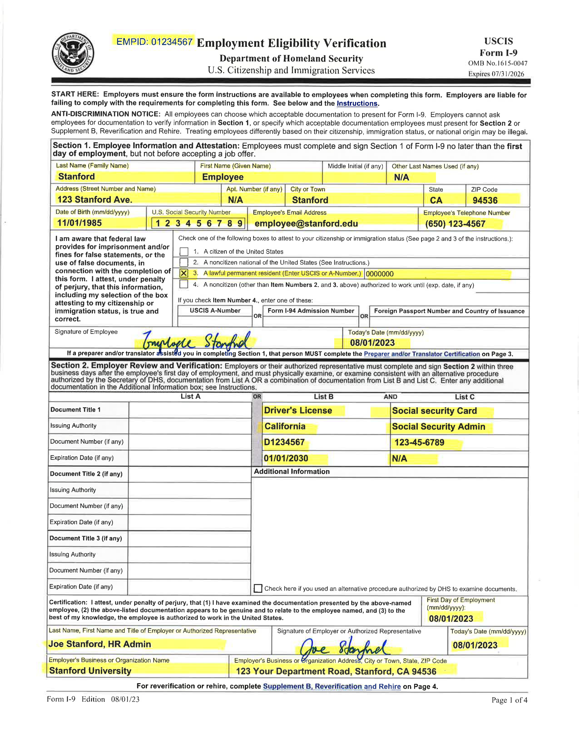 Examples Of Completed Form I-9 For Stanford with regard to What Do I Need For My I9 Form