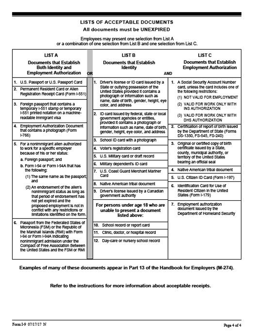 I9 Lists Of Acceptable Documents - I9 - Staffing Partners Ohio inside What Forms Are Acceptable For I9