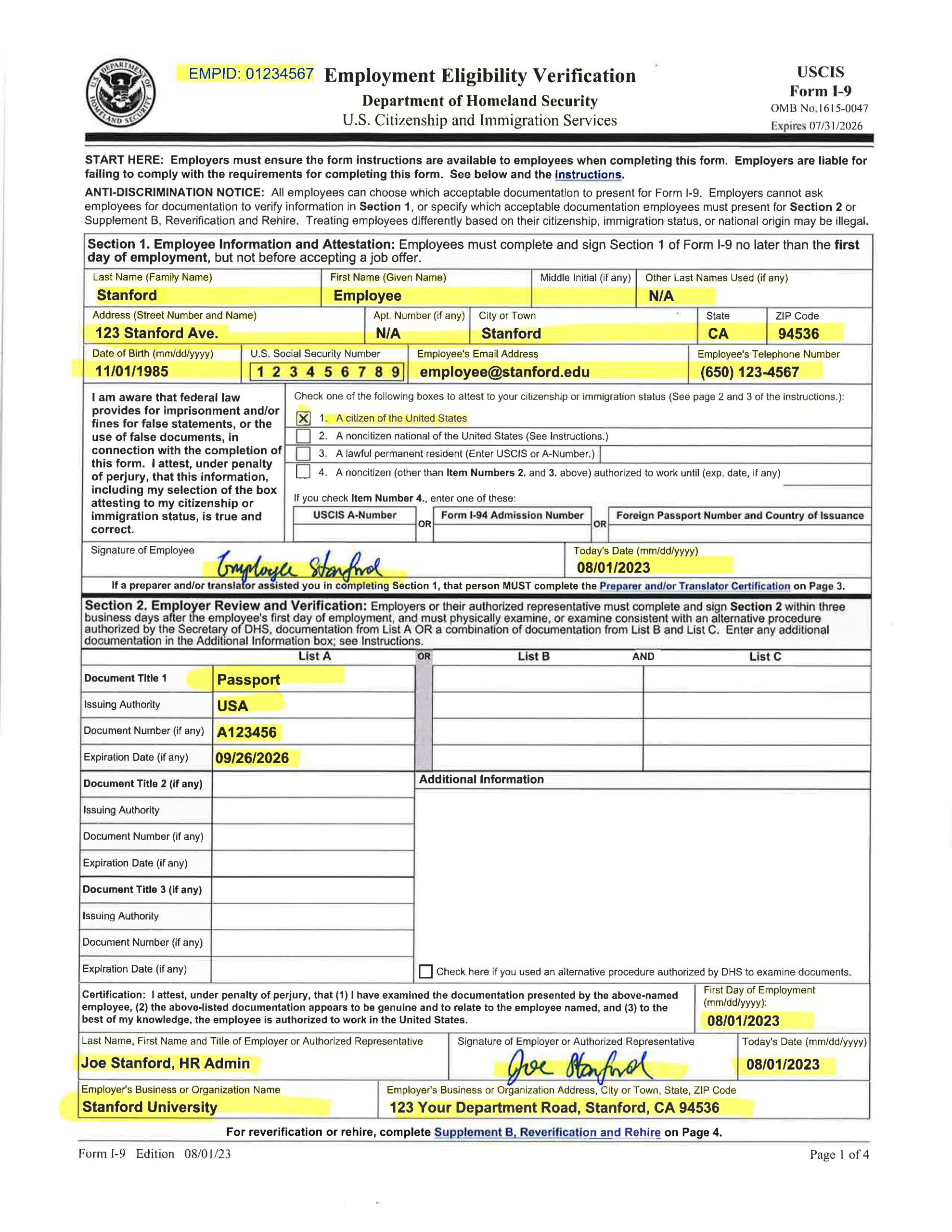 Examples Of Completed Form I-9 For Stanford intended for Federal Form I9 2024