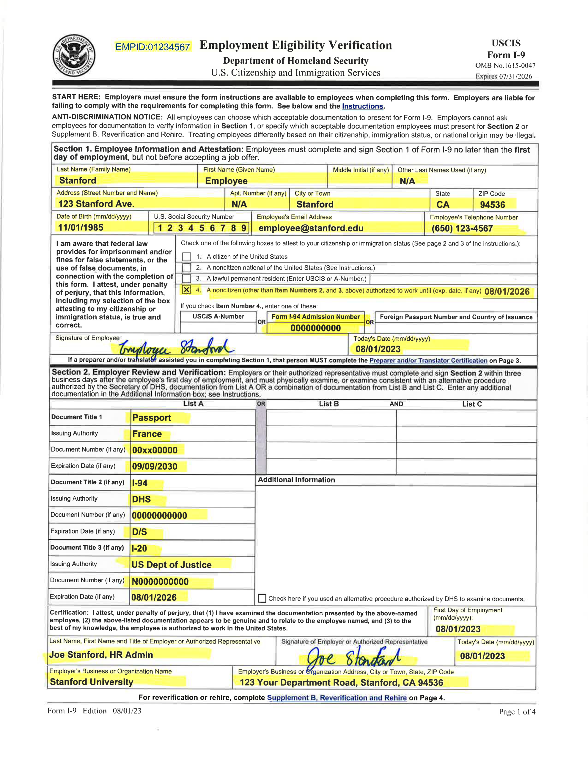 Examples Of Completed Form I-9 For Stanford throughout 2 Addresses On I9 Form 2024