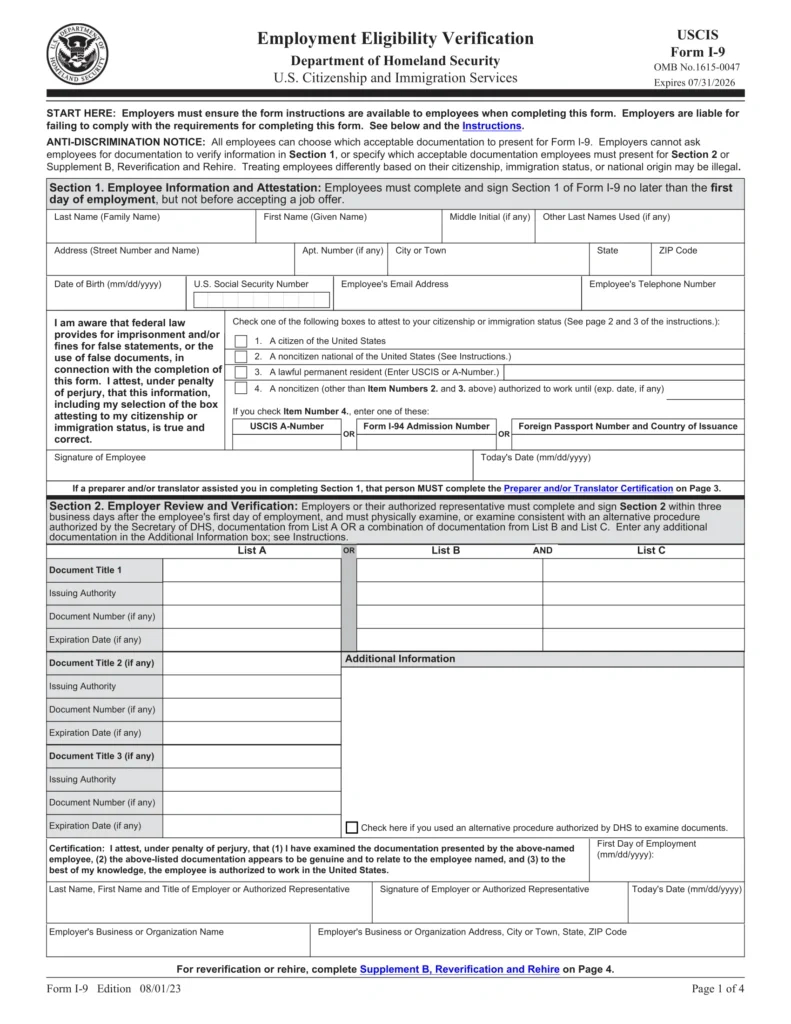 Free I-9 Form (Employment Eligibility Verification) | Pdf in How To Fill Out An I9 Form 2024?