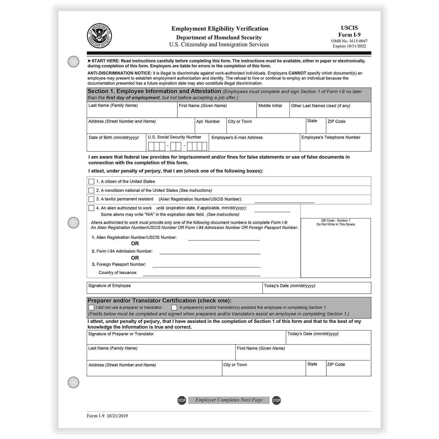 I-9 Employment Eligibility Verification 1-Part Paper Forms (100 pertaining to Printable I9 Form 2024